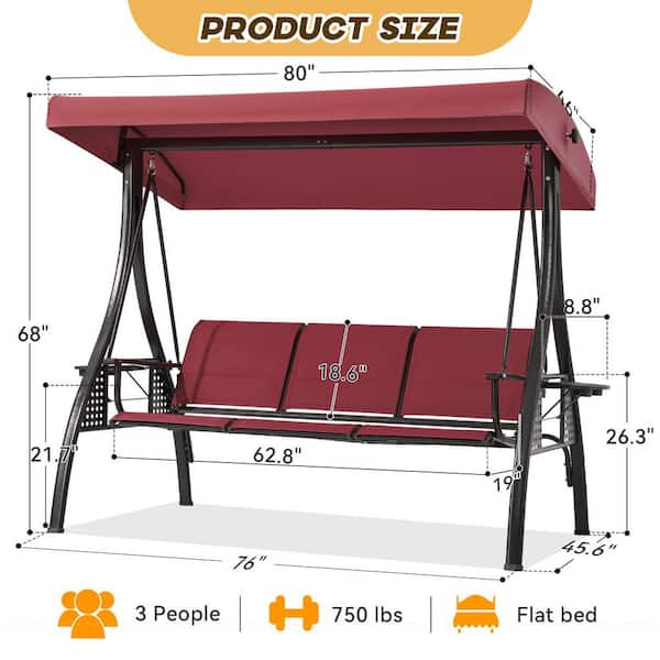 swing 　　no3 3-Person Square Tube Metal Red Patio Swing Adjustable Canopy