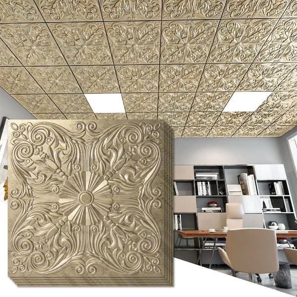 Spanish Floral Antique Gold 2 ft. x 2 ft. Decorative Drop In Ceiling Tile (48 sq.ft./case)