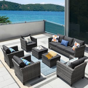 New Vultros Gray 7-Piece Wicker Patio Conversation Set ating Set with Black Cushions
