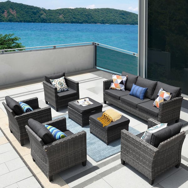 OVIOS New Vultros Gray 7-Piece Wicker Patio Conversation Set ating Set with Black Cushions