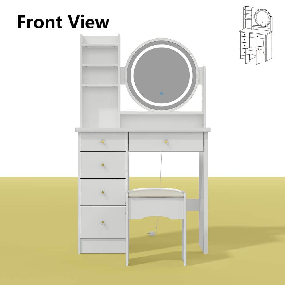 White Wood Makeup Vanity Set with LED Mirror and Stool