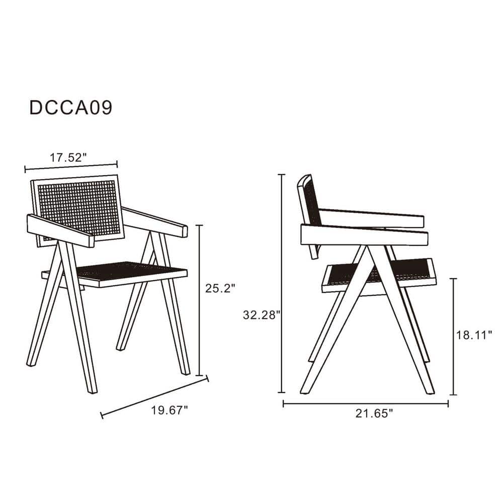 High-Back Natural Cane and Rattan Arm Chair with Ash Wood Base