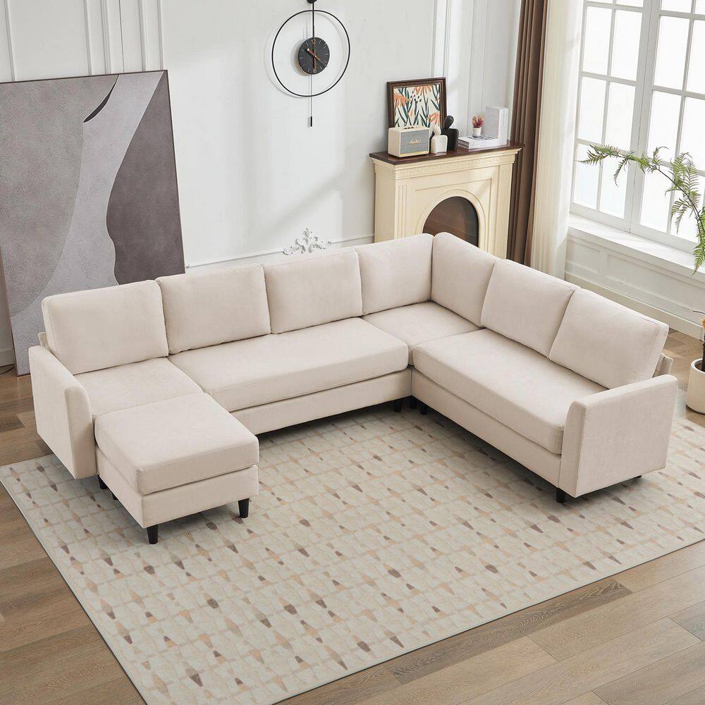 107.3 in. Width Convertible Large U-Shaped Fabric Sofa Couch, Large 7-Seater Sectional Sofa with 1 Ottoman in. Beige