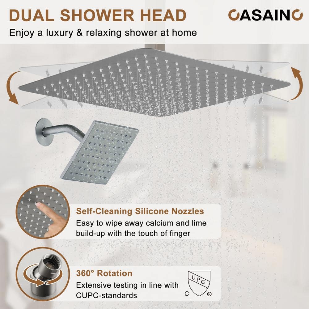 Brushed Nickel Large Square Rainfall Dual Shower Head System