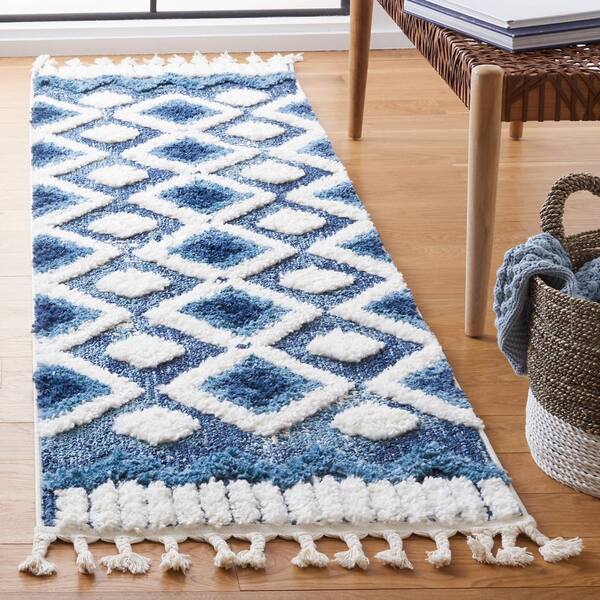 Moroccan Tassel Shag 2 ft. x 8 ft. Blue/Ivory High-Low Zig-Zag Diamond Runner Rug