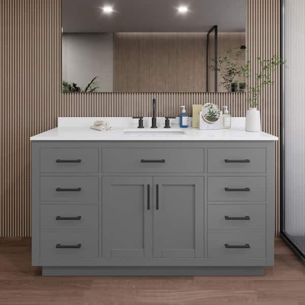 Wyndham Collection Beckett TK 60 in. W x 22 in. D x 35 in. H Single Bath Vanity in Dark Gray with White Quartz Top