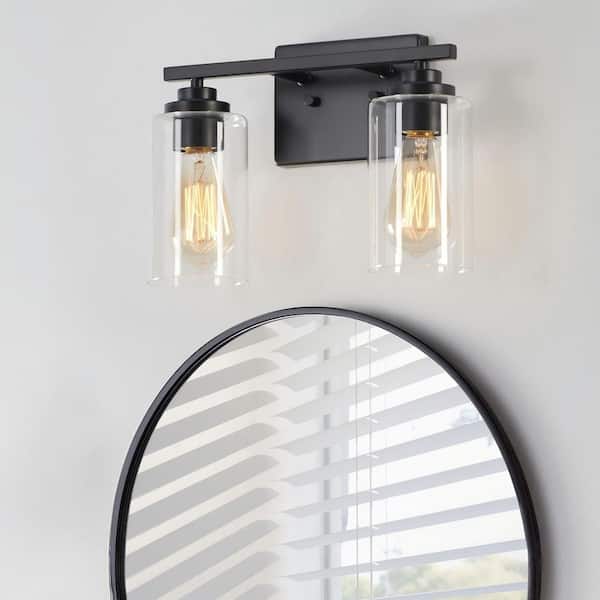 13 in. 2-Light Black Vanity Light with Clear Glass Shade