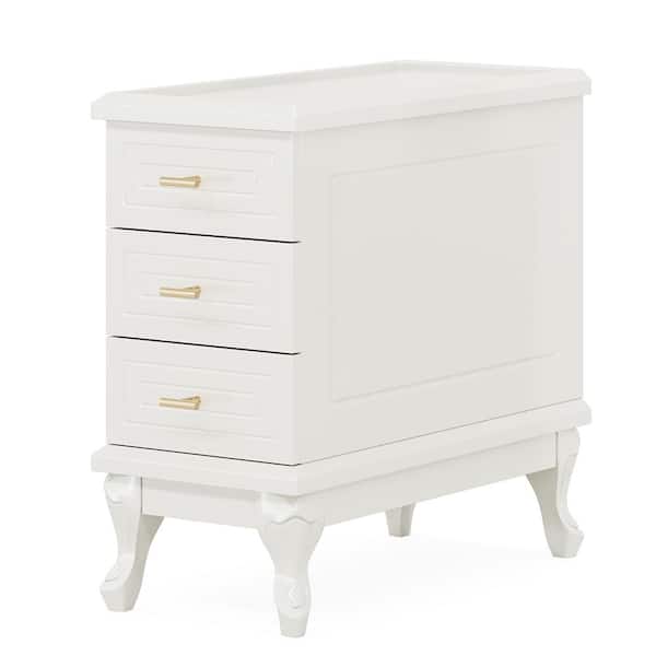 TRIBESIGNS WAY TO ORIGIN Andrea 11.81 in. White Narrow Rectangle Wood End Table with 3-Drawers, Modern Sofa Side Table Nightstand for Small Space
