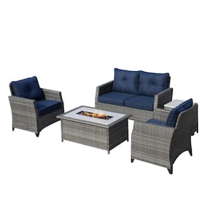 Efrain Gray 5-Piece Rattan Wicker Outdoor Conversation Patio Fire Pit Seating Sofa Set with Blue Cushions