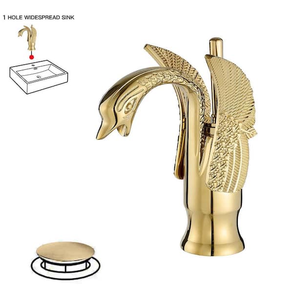 BWE Swan Single Hole Single-Handle Bathroom Faucet And Pop Up Drain & Overflow Cover in Gold