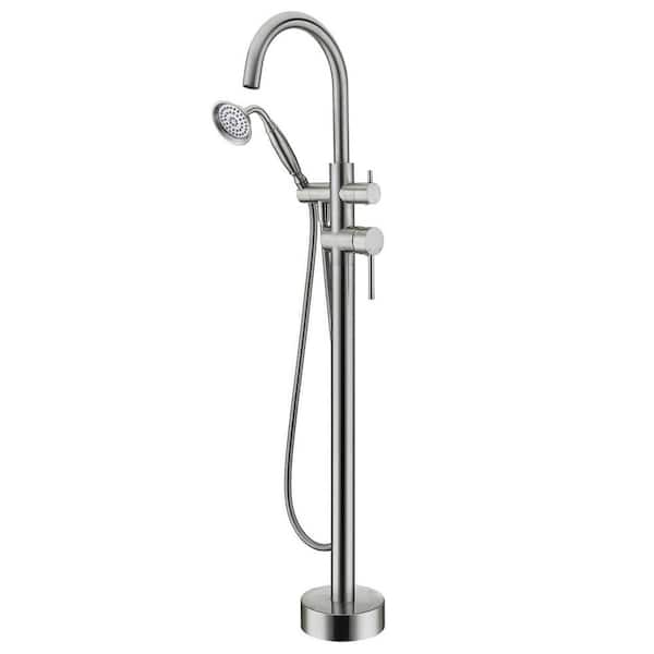 FLG 2-Handle Freestanding Tub Faucet with Hand Shower Brass Floor Mount Bathtub Filler in Brushed Nickel