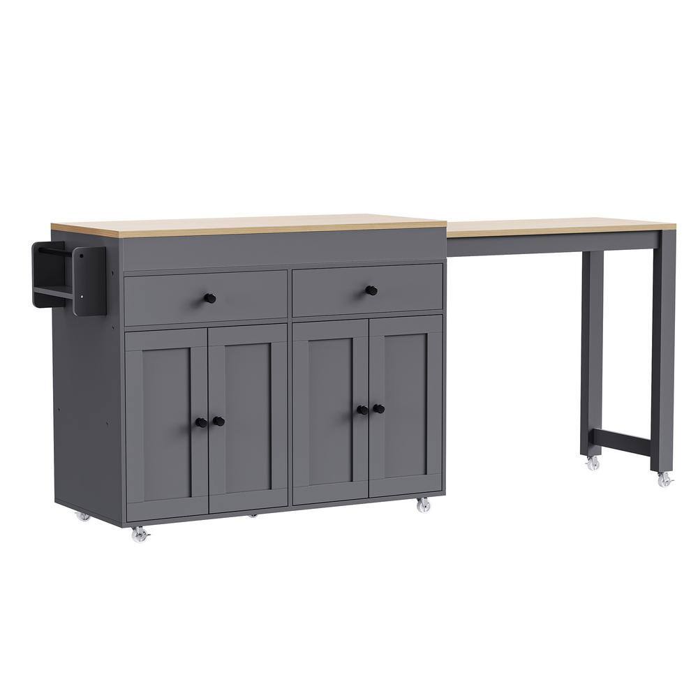 Gray Wood 74.5 in. Rolling Kitchen Island with Extendable Dining Table - thumbnail 3