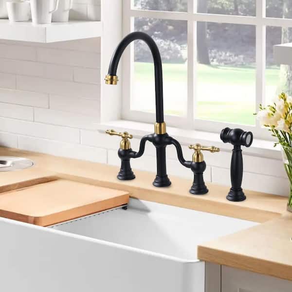 Double Handle Deck Mounted Brass Bridge Kitchen Faucet with Side Sprayer in Black and Gold