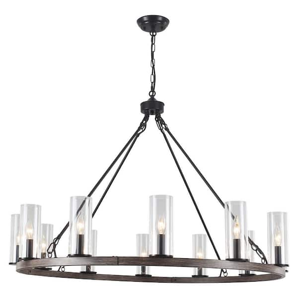 12-Light Black & Imitation Wood Grain Farmhouse Wagon Wheel Chandelier for Living Room Dining Room Kitchen Island