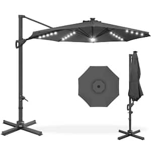 10 ft. 360-Degree Solar LED Cantilever Patio Umbrella, Outdoor Hanging Shade with Lights in Gray