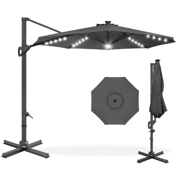 Best Choice Products 10 ft. 360-Degree Solar LED Cantilever Patio Umbrella, Outdoor Hanging Shade with Lights in Gray