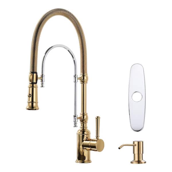 Solid Brass Single Handle Pull Down Sprayer Kitchen Faucet with Soap Dispenser in Gold and Chrome