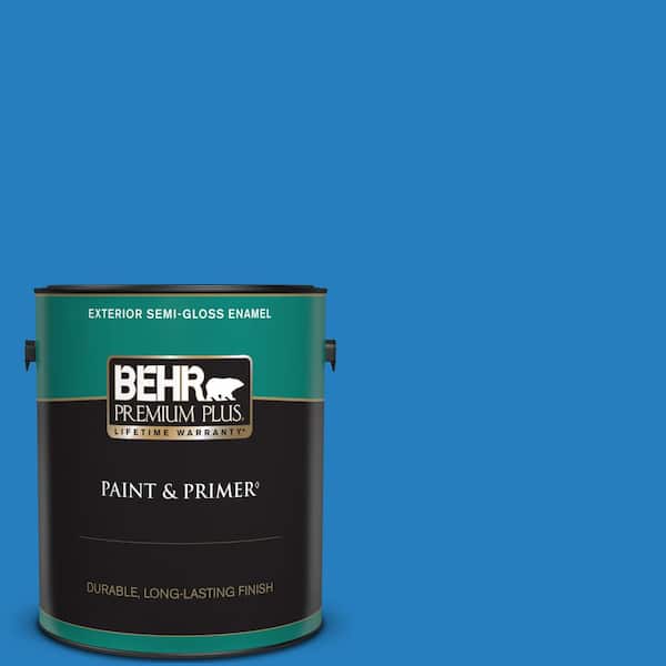 BEHR PREMIUM PLUS 1 gal. #P510-6 Brilliant Blue Semi-Gloss Enamel Exterior Paint & Primer