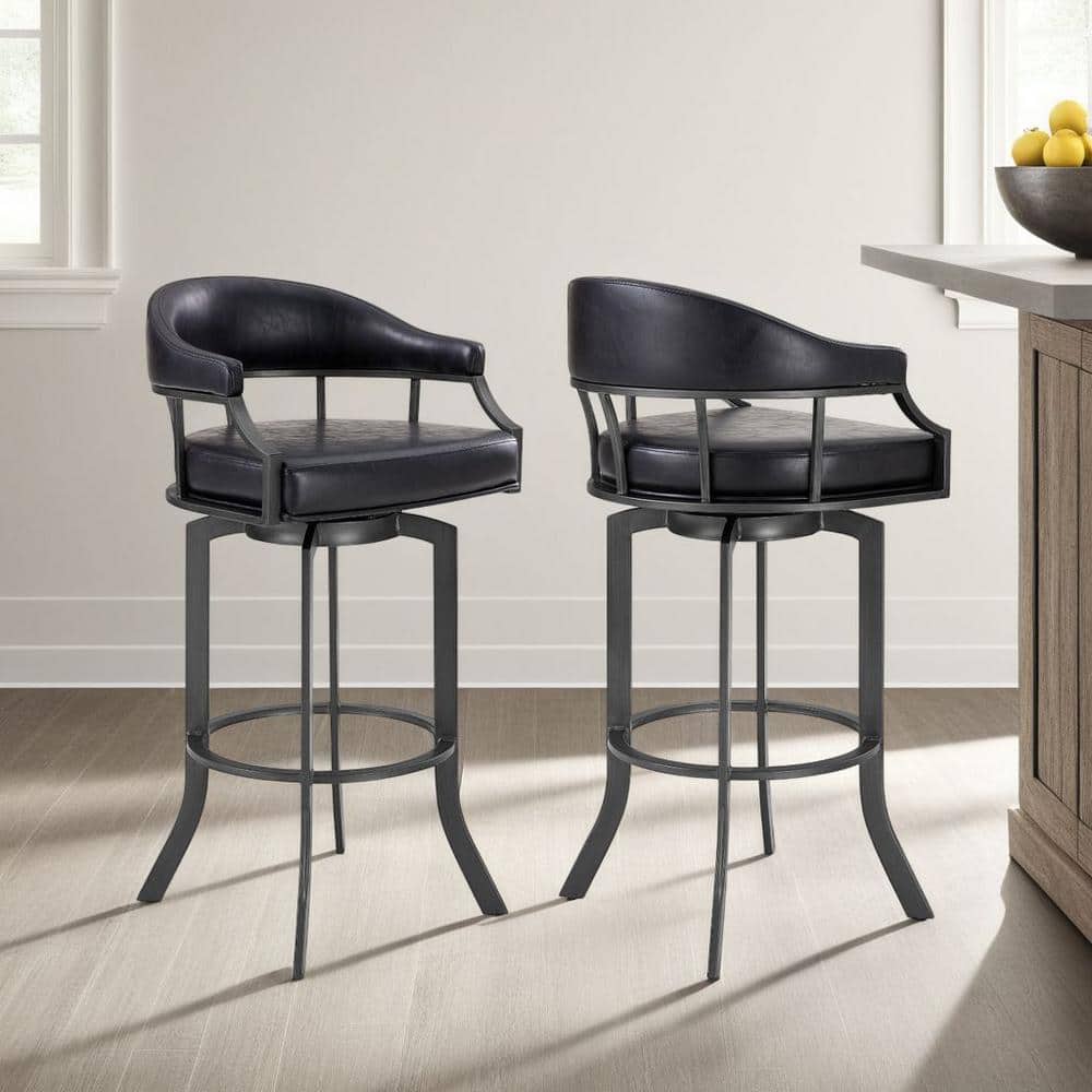 Pharaoh Swivel 26 in. Mineral Finish and Black Faux Leather Bar Stool