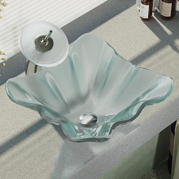 Rene Glass Vessel Sink in Frosted with Waterfall Faucet and Pop-Up Drain in Chrome