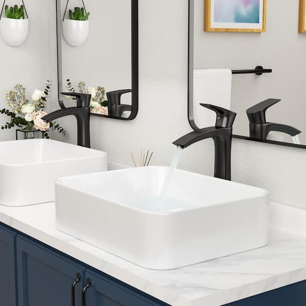 19 in . W x15 in. D White Porcelain Ceramic Rectangular Bathroom Vessel Sink Above Countertop Art Basin with Tall Faucet