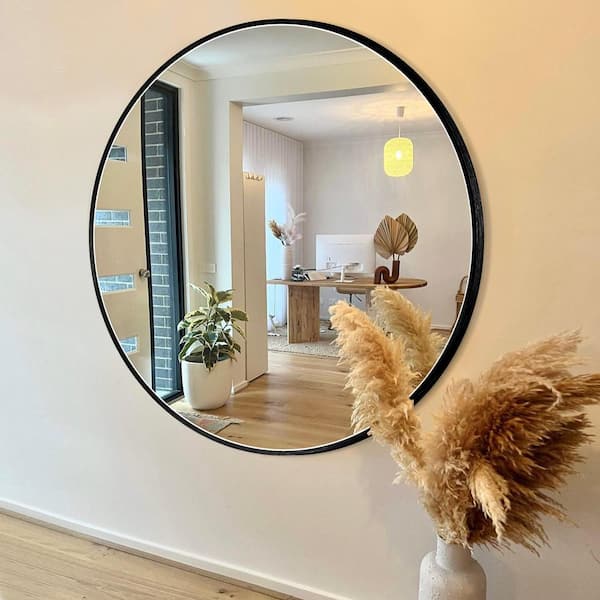 LuxHomez 36 in. W x 36 in. H Black Vanity Round Wall Mirror Aluminum Alloy Frame Bathroom Mirror