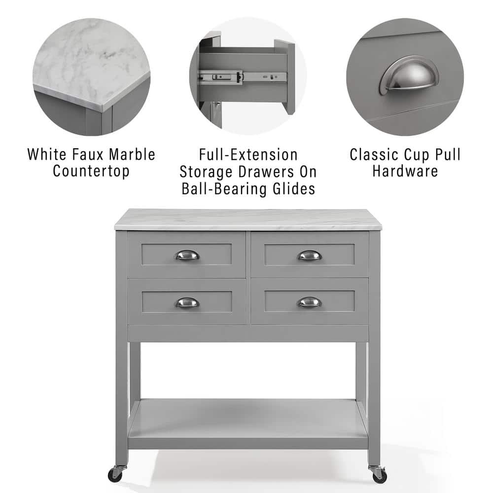 Elegant Gray Kitchen Cart with Faux Marble Top and Ample Storage