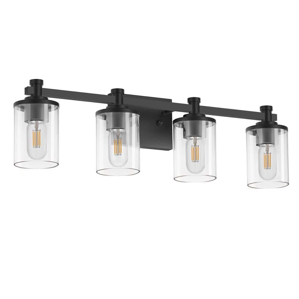 28 in. 4 Light Matte Black Industrial Modern Cylinder Vanity Light for Bathroom with Clear Glass Shades price history on PriceWatchPro