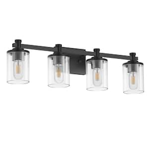 28 in. 4 Light Matte Black Industrial Modern Cylinder Vanity Light for Bathroom with Clear Glass Shades