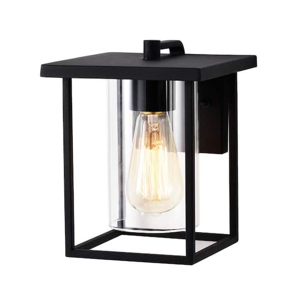 Jushua 1-Light Black Metal Outdoor Wall Lantern Sconce with Clear Seeded Glass