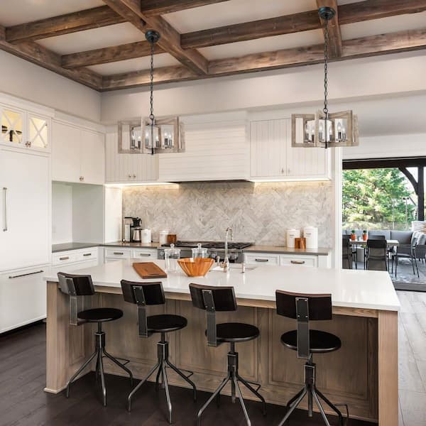 6-Light Brushed Black Rectangle Chandelier with Wood Frame