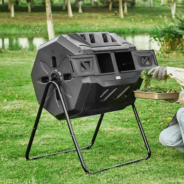 Compost Bin 43 Gal. Dual Chamber Composting Tumbler Large Tumbling Composter with 2 Sliding Doors and Frame