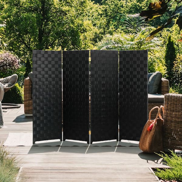 Oriental Furniture 4 ft. Short Woven Fiber Outdoor All Weather Folding Screen - 4 Panel - Black