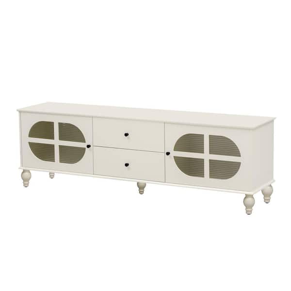 Antique White TV Stand Fits TV's up to 75 in. with Fluted Glass Doors, Five Solid Wood Legs