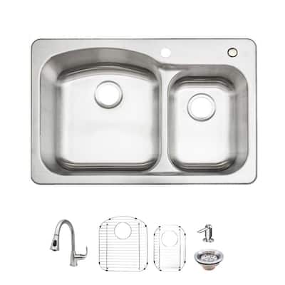Glacier Bay 33 in. Drop-In 60/40 Double Bowl 18 Gauge Stainless Steel Kitchen Sink with Pull-Down Faucet