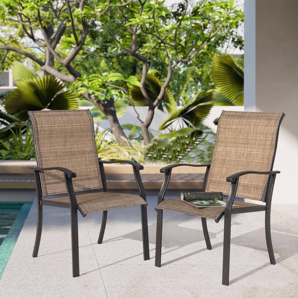 Black and Brown Steel Frame Outdoor Dining Chairs with Armrests
