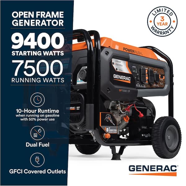 9400 / 7500-Watt Dual Fuel Electric Start Gasoline / Propane Portable Generator - GP7500E DF