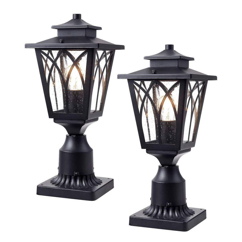 JAZAVA 1-Light Black Outdoor Post Light with Seeded Glass Hardwired ...