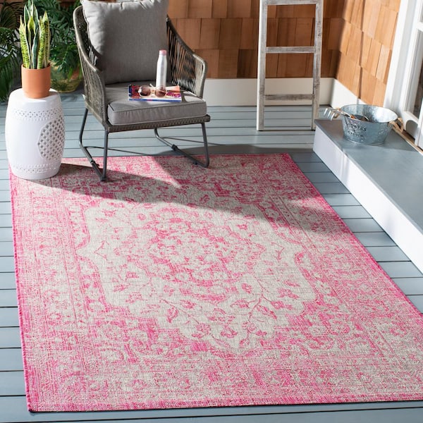Courtyard Fuchsia/Gray 2 ft. x 4 ft. Floral Medallion Indoor/Outdoor Area Rug