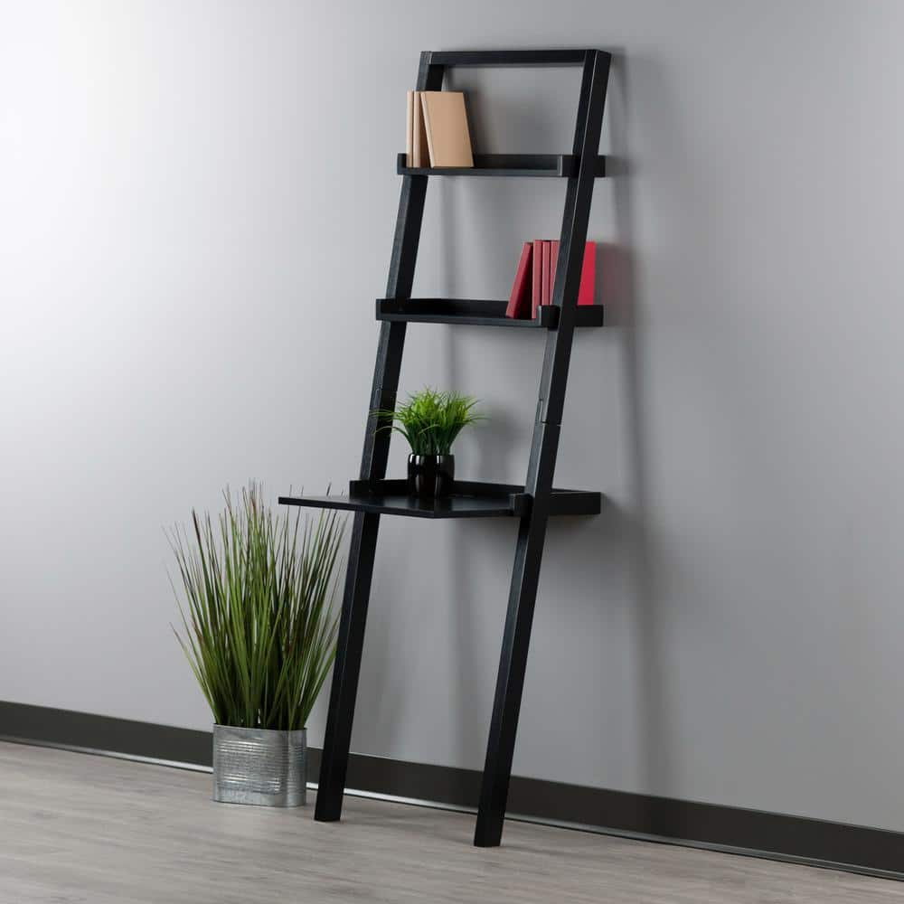 Sleek Black Wood Composite Leaning Desk with 2 Shelves