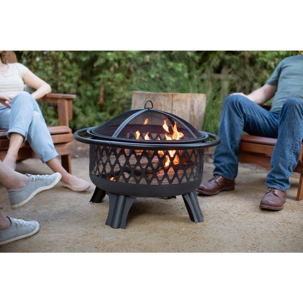 Black Steel Round Wood Burning Fire Pit with Mesh Screen