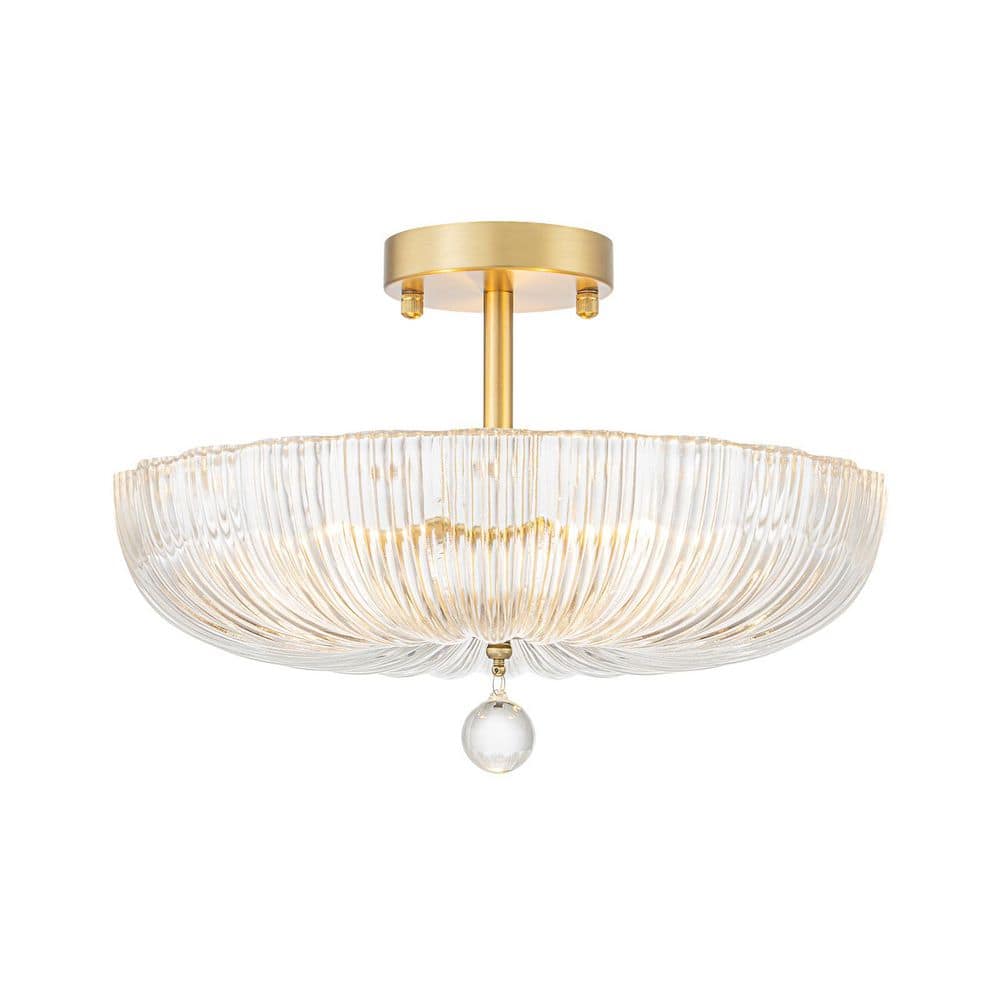 Lunelle 15.7 in. 3-Light Modern Brass Semi-Flush Mount with Clear Pleated Ribbed Glass and Crystal Accent for Hallway price history on PriceWatchPro