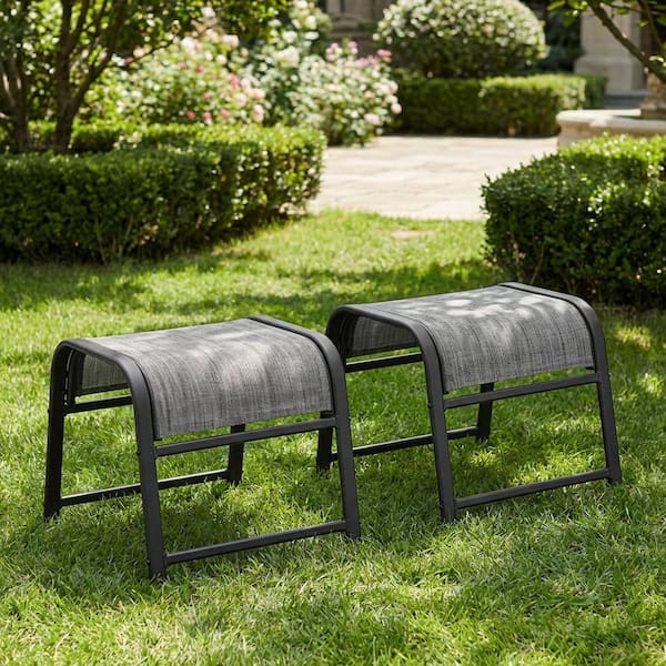 (Pack-2) Textilene Fabric Metal Frame Gray Outdoor Ottoman with Navy Cushion for Patio