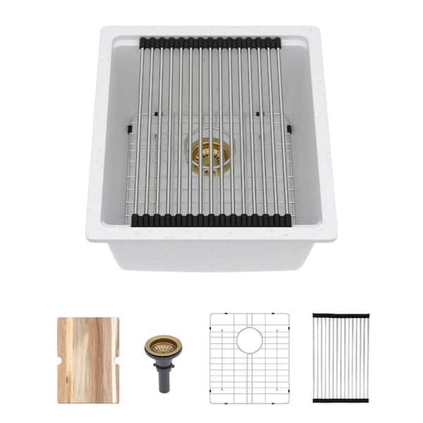 17 in. Undermount Singel Bowl 16 Gauge White Quartz Kitchen Sink with Cutting Board, Strainer