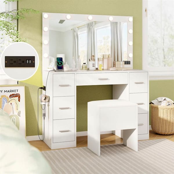 2-Piece White Makeup Vanity Set with Mirror and Lights Storage Stool Power Outlets 3 Lighting Colors