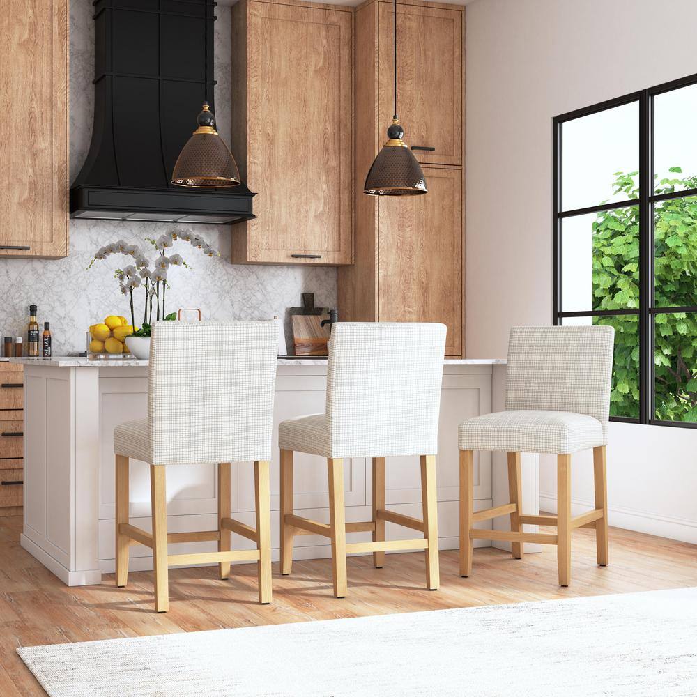 Cream Mini Grid Pattern Upholstered Counter Height Barstool with Wood Legs
