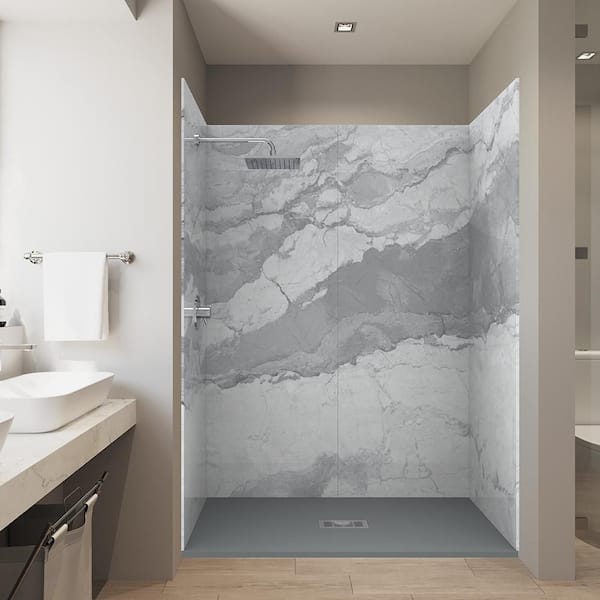 CASTICO Balanced Series- 60in.x32in.x84in. Alcove Solid Composite Stone Shower Kit -Ital Ice Shower Walls Cnt GR Shower Pan Base