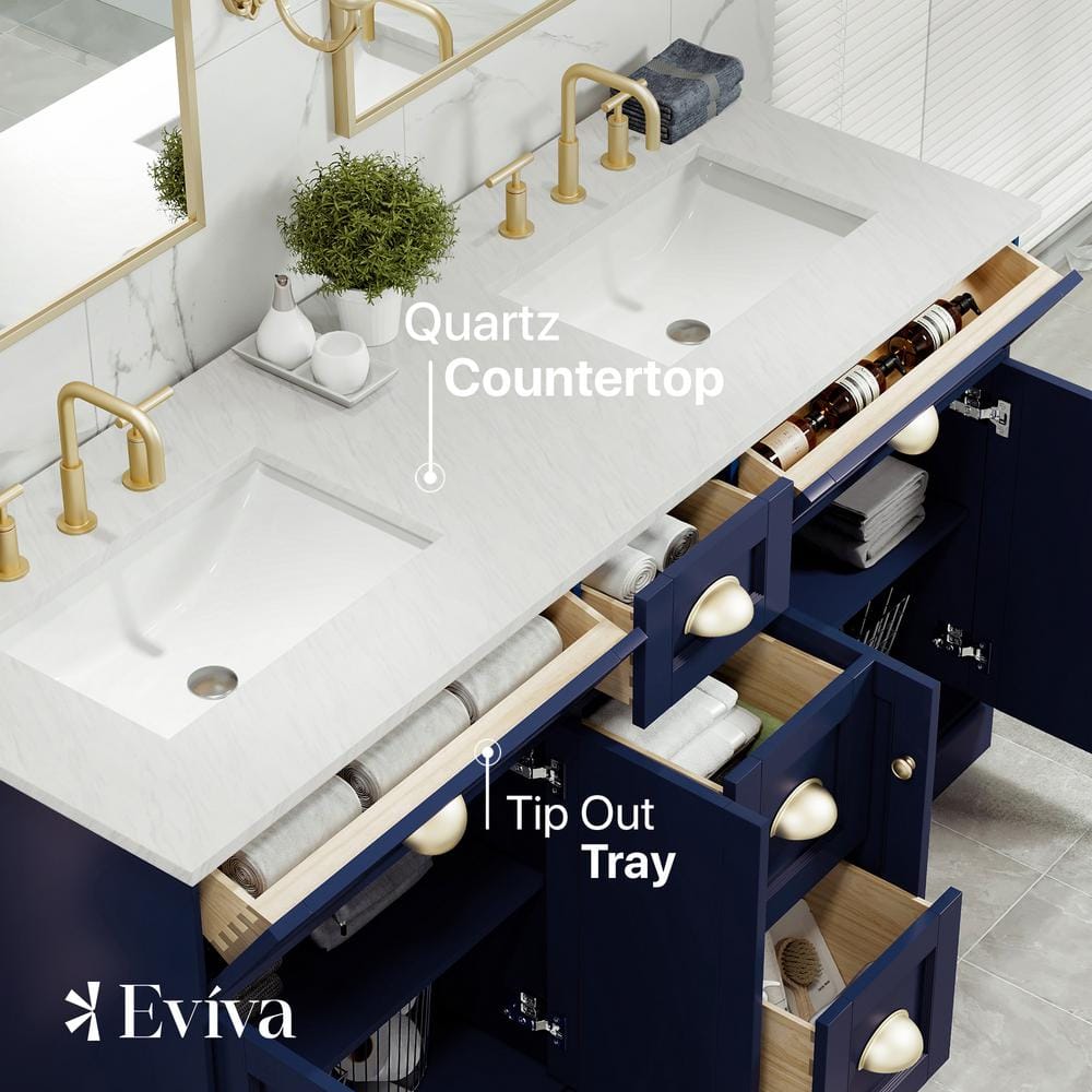 Epic Blue Solid Wood Double Sink Bathroom Vanity with Quartz Top