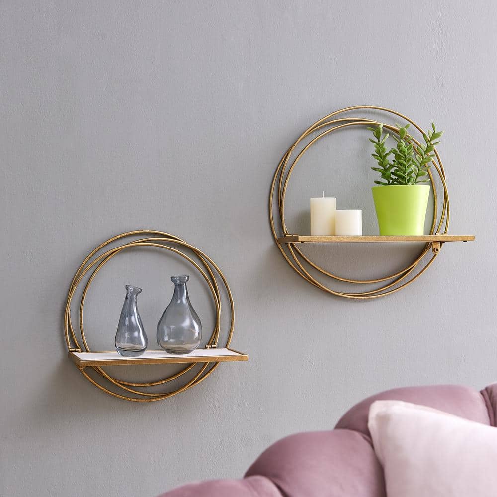 Gold Metal Rings Floating Wall Shelves with Whitewash Wood