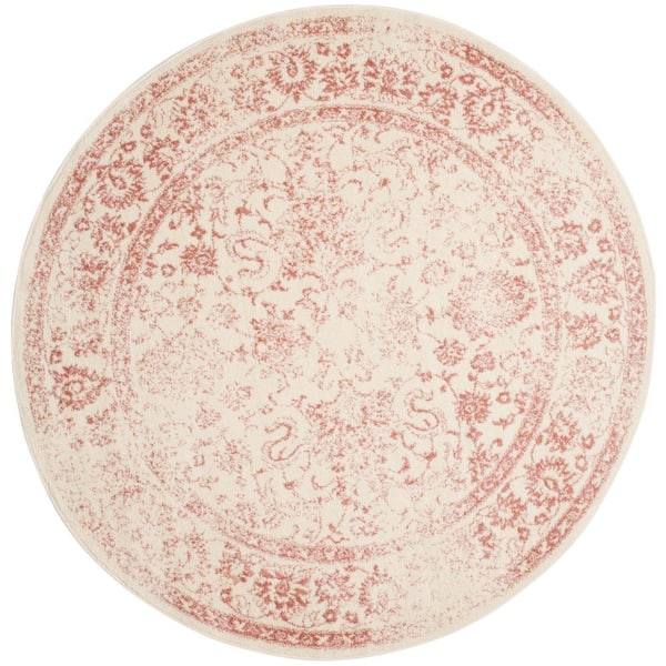 Adirondack 4 ft. x 4 ft. Round Ivory/Rose Border Distressed Area Rug